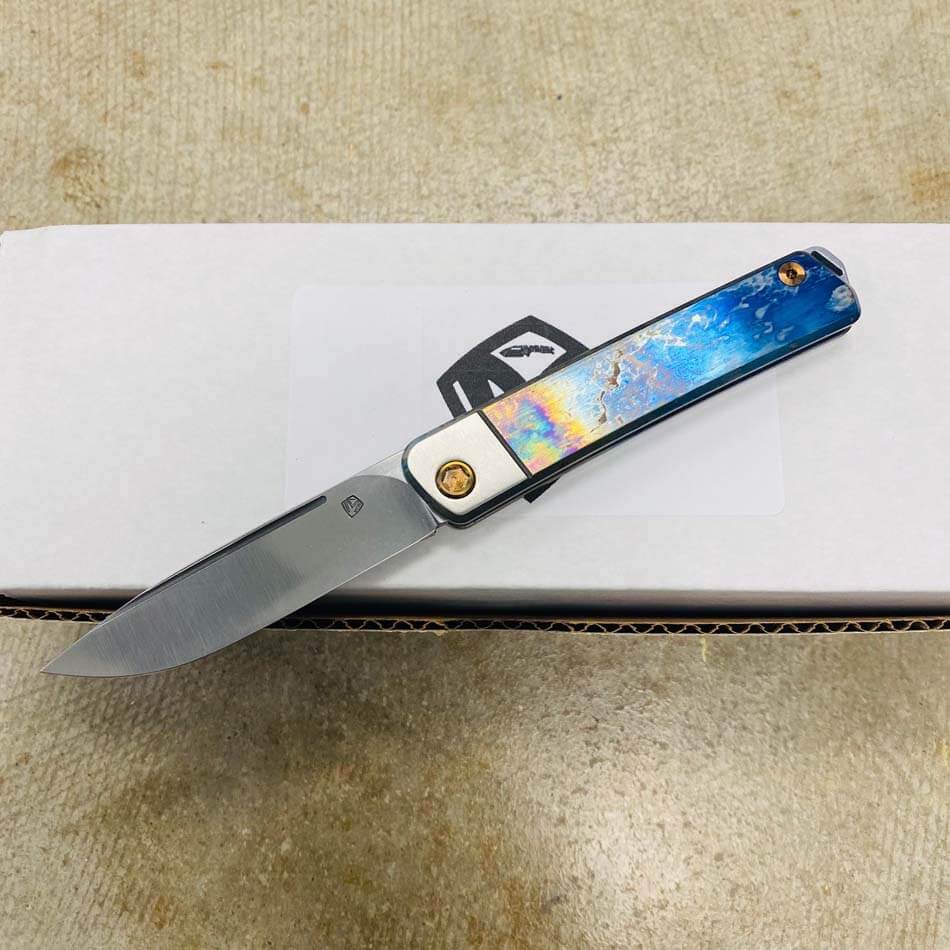 Medford Gentleman Jack GJ-1 Ti 3.1" Slip Joint Blue with Brushed Silver Bolsters Galaxy Solar Flare Knife 107-021 - MKT GJ Galaxy knife 107-021
