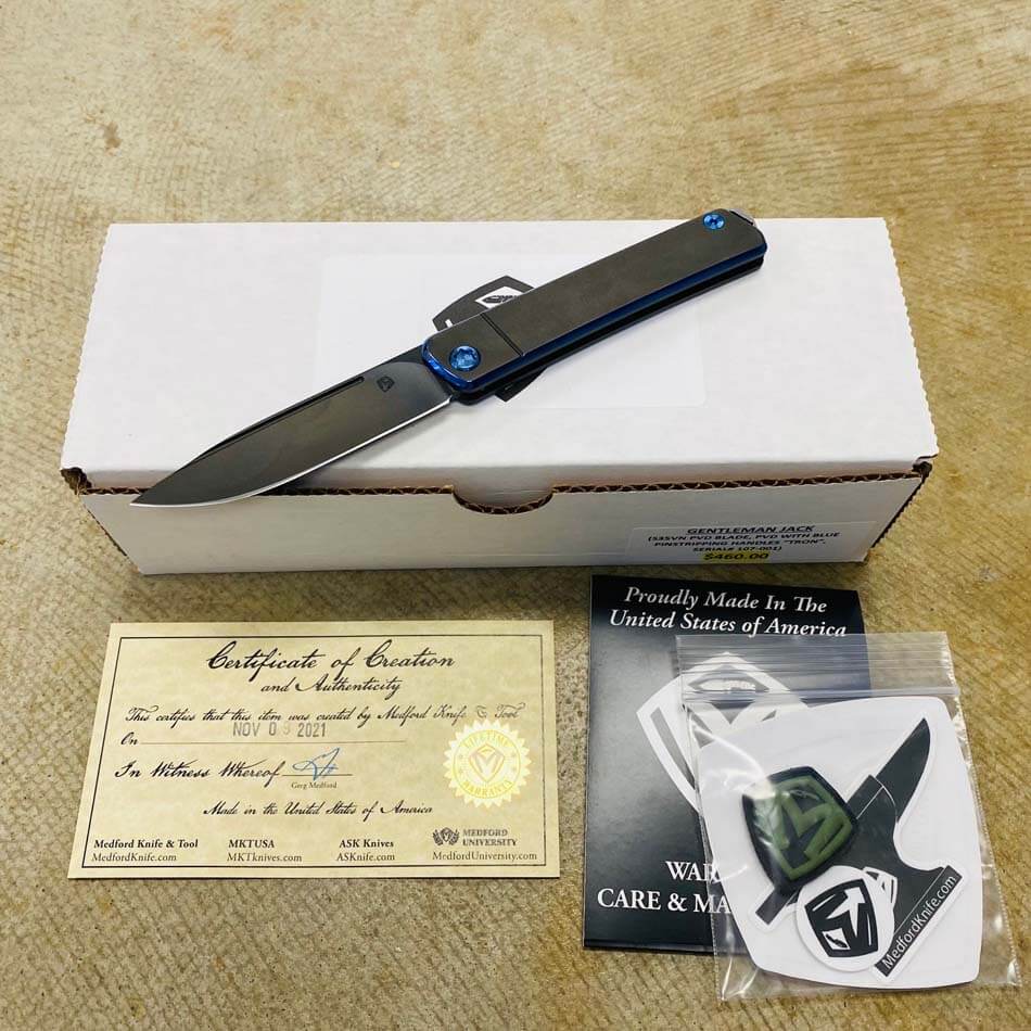 Medford Gentleman Jack GJ-1 Ti 3.1" Slip Joint PVD with Blue Pinstripping TRON Knife 107-001