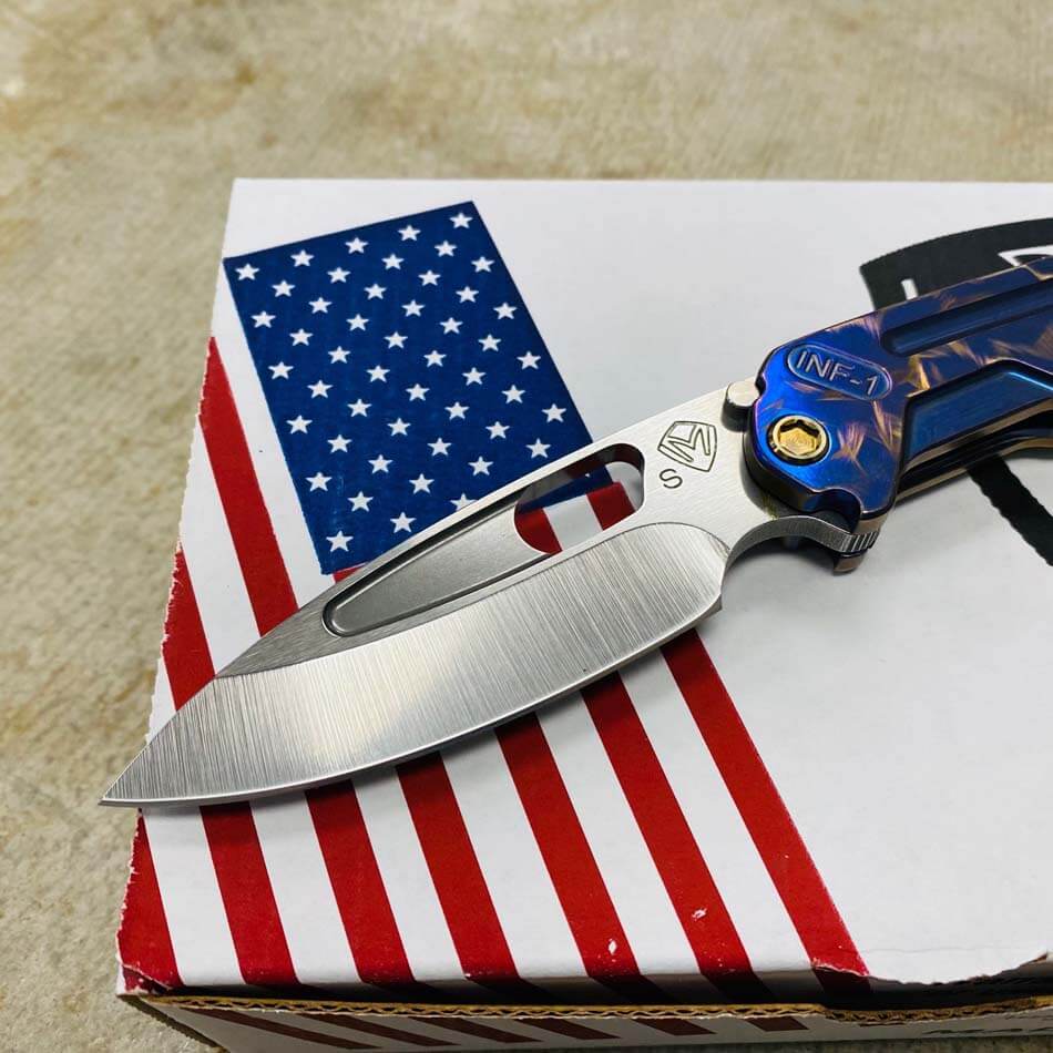 Medford Infraction S35VN 3.25" Tumbled Blade Blue with Bronze Birds of Paradise Folding Knife serial 110-194 - MKT Infraction Birds Blue Bronz