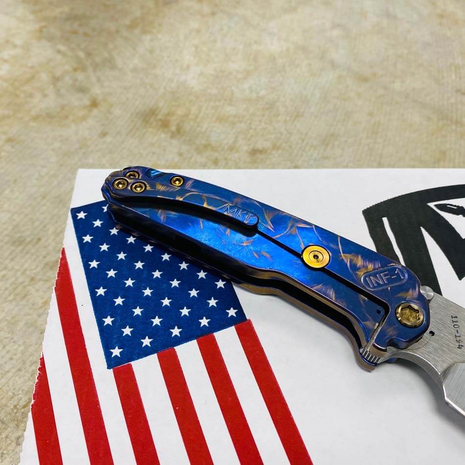 Medford Infraction S35VN 3.25" Tumbled Blade Blue with Bronze Birds of Paradise Folding Knife serial 110-194 - MKT Infraction Birds Blue Bronz