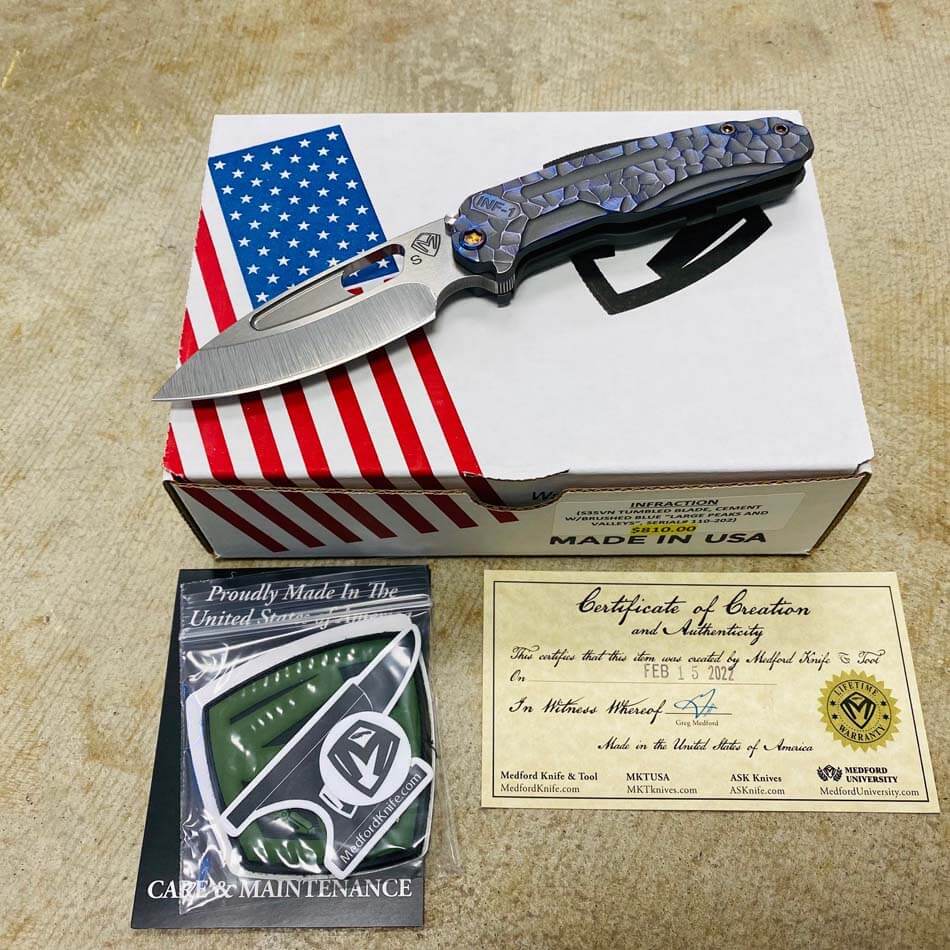 Medford Infraction S35VN 3.25" Tumbled Blade Cement with Brushed Blue Large Peaks and Valleys Folding Knife Serial 110-202