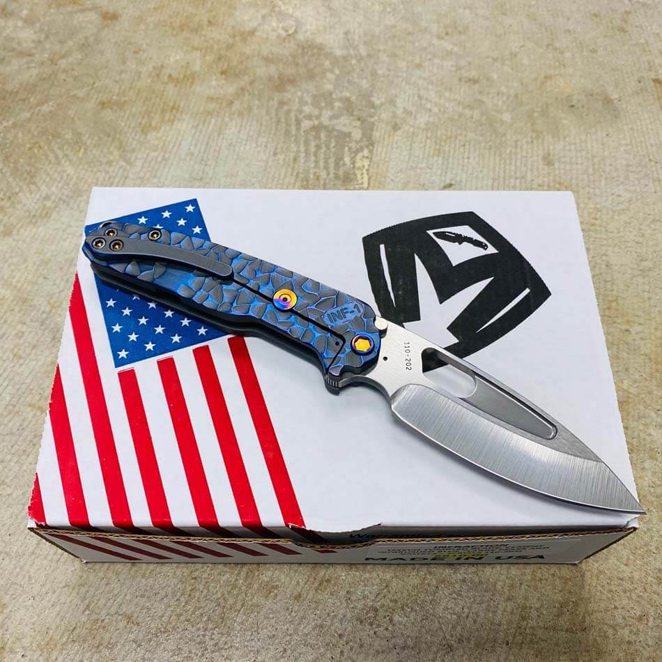 Medford Infraction S35VN 3.25" Tumbled Blade Cement with Brushed Blue Large Peaks and Valleys Folding Knife Serial 110-202 - MKT Infraction Cement