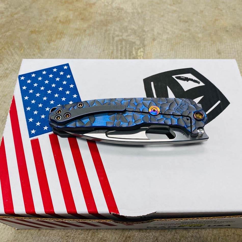 Medford Infraction S35VN 3.25" Tumbled Blade Cement with Brushed Blue Large Peaks and Valleys Folding Knife Serial 110-202 - MKT Infraction Cement