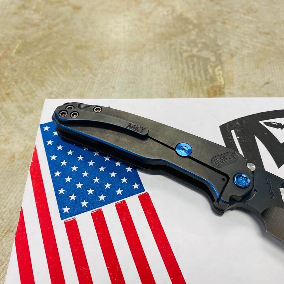 Medford Infraction S35VN 3.25" PVD Blade PVD with Blue Pinstripping Handles Tron Knife Serial 110-106 - MKT Infraction TRON Blue