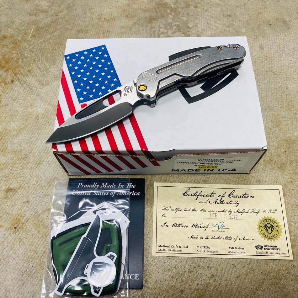 Medford Infraction S35VN 3.25" PVD with Satin Flats Blade Tumbled Handles Bronze Hardware/Clip Folding Knife Serial 110-031