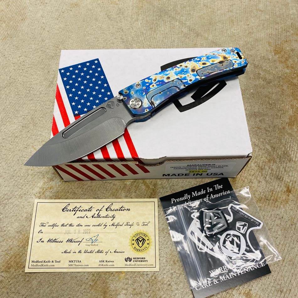Medford Marauder H S35VN 3.75" Tumbled Drop Point Blade Faced and Flamed Galaxy Handle Knife serial 205-043