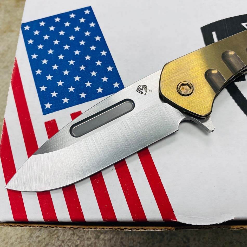 Medford Praetorian Slim Flipper 3.25" S35VN Satin Drop Point Blade Faced Bronze Handles Knife serial 112-072 - MKT Prae SF Gold
