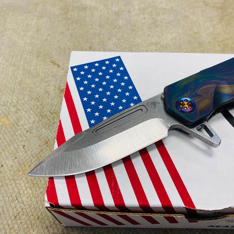 Medford Proxima S35VN 3.9" Tumbled PVD Handles Abalone Finish Flamed Hardware Knife Serial 108-024 - MKT Proxima Abalone