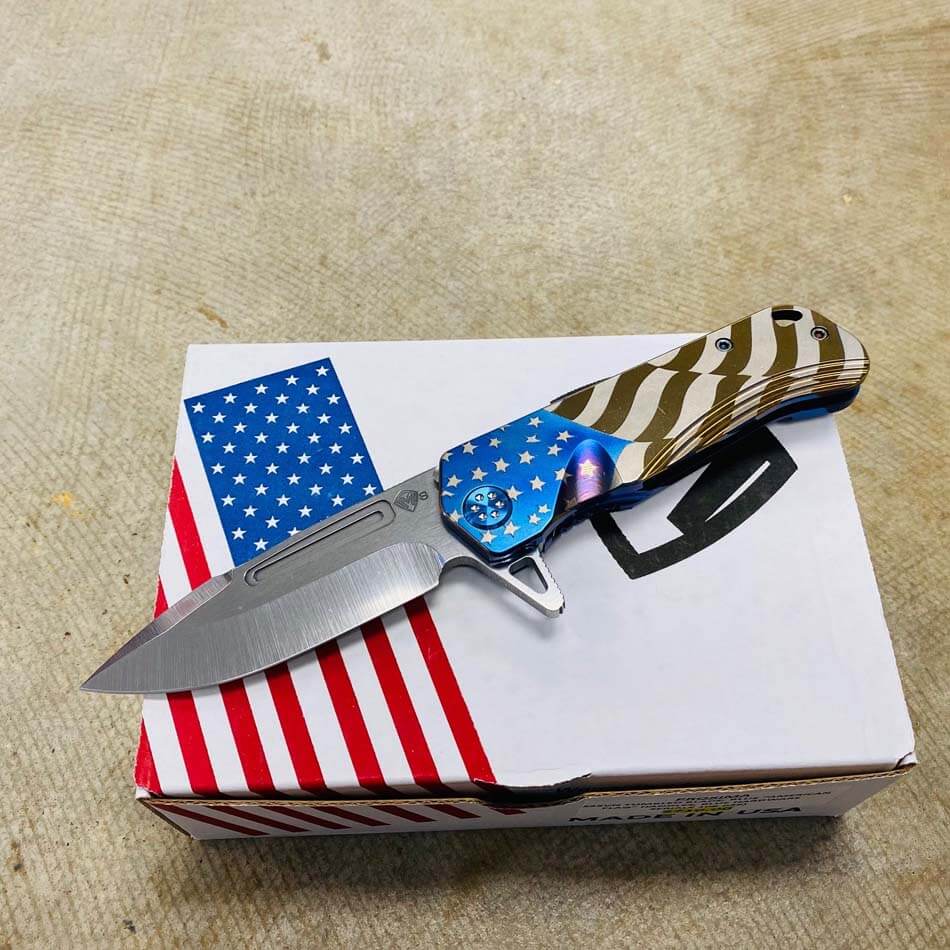 Medford Proxima S35VN 3.9" Tumbled Blue American Flag Handles Blue Hardware Knife Serial 108-026 - MKT Proxima American Flag