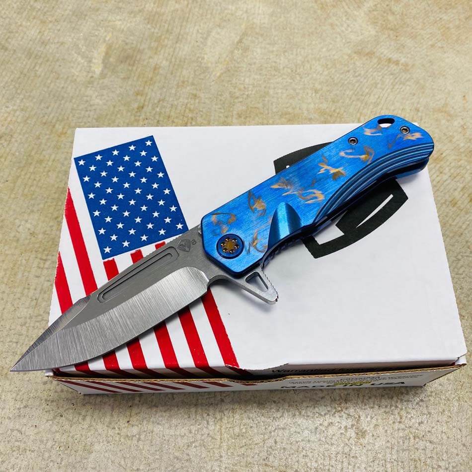 Medford Proxima S35VN 3.9" Tumbled Blue with Bronze Birds of Paradise Handles Knife Serial 108-018 - MKT Proxima Birds Blue Bronze