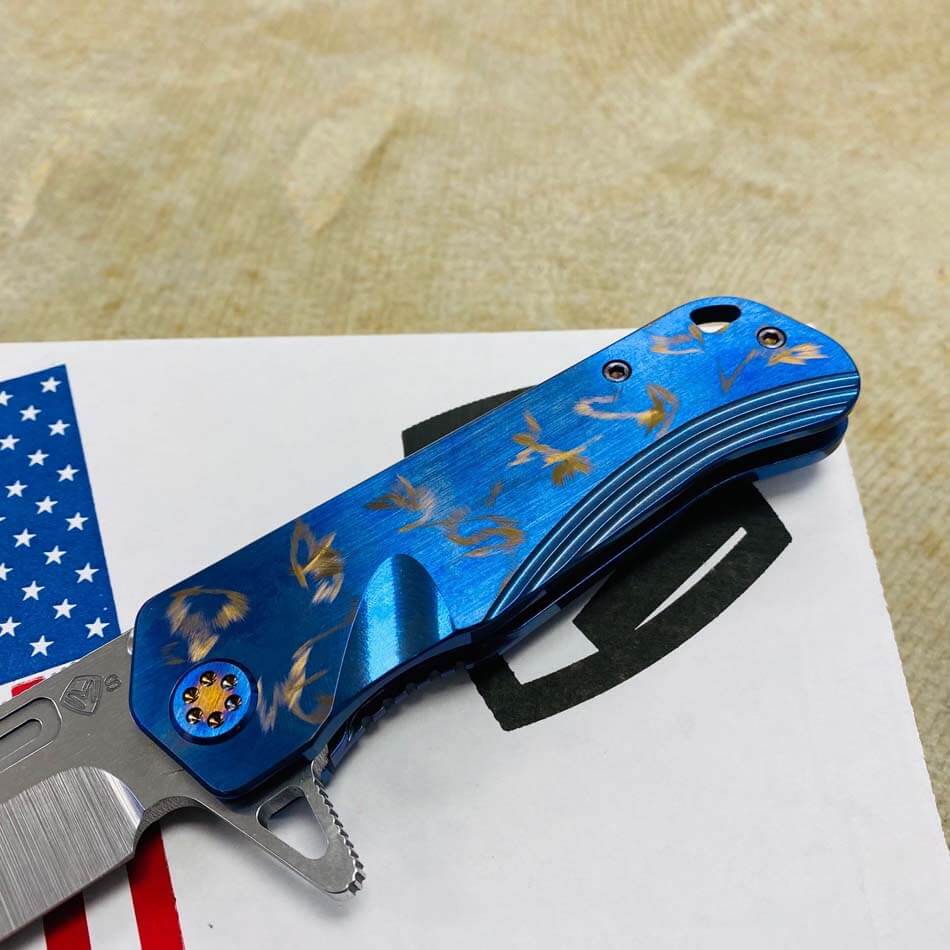 Medford Proxima S35VN 3.9" Tumbled Blue with Bronze Birds of Paradise Handles Knife Serial 108-018 - MKT Proxima Birds Blue Bronze