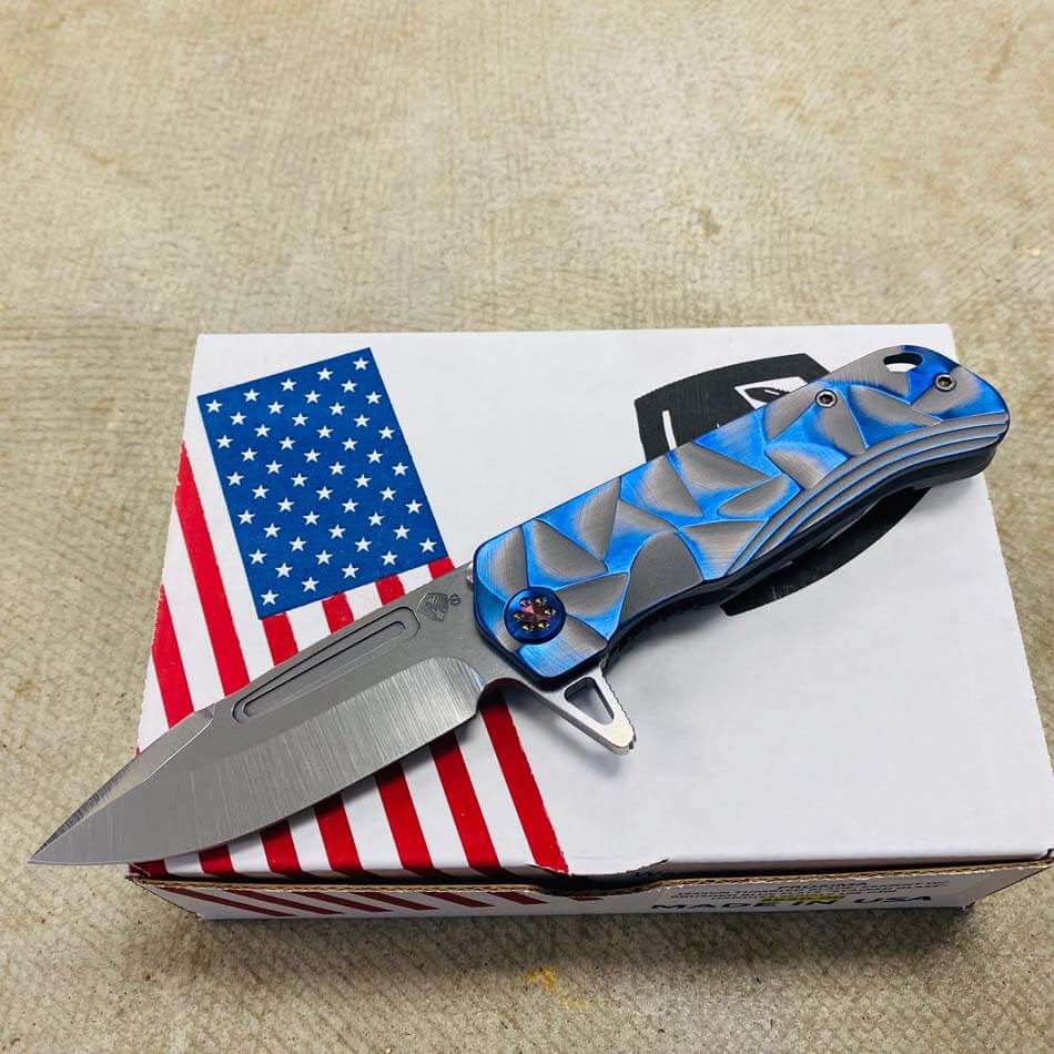 Medford Proxima S35VN 3.9" Tumbled Cement with Brushed Blue Flats Stained Glass Knife Serial 108-020 - MKT Proxima Cement