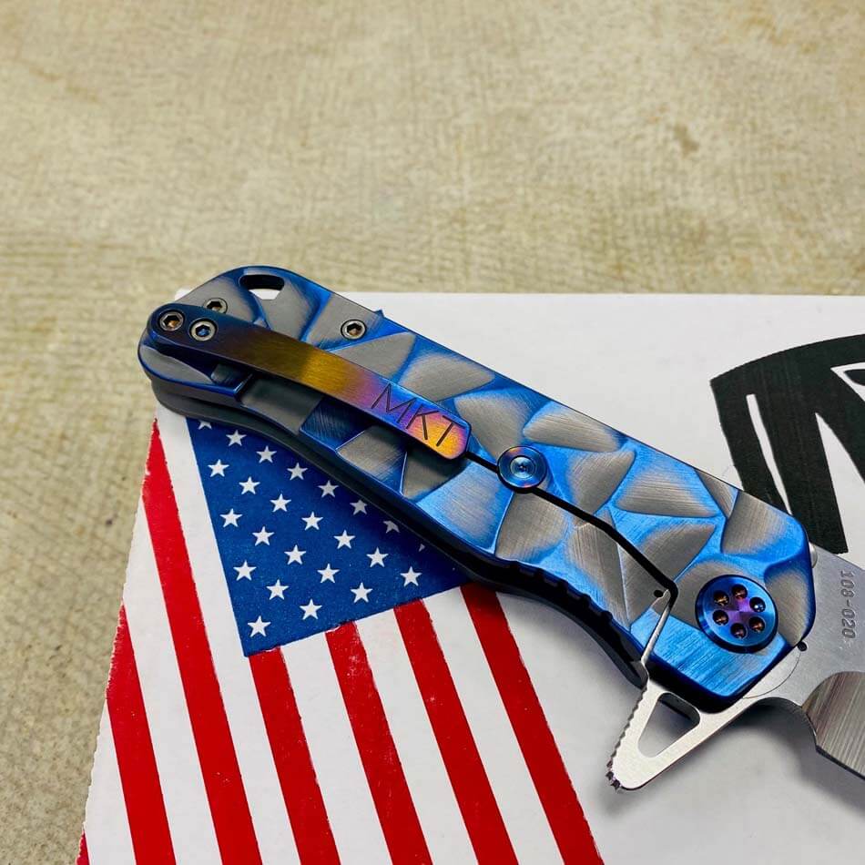 Medford Proxima S35VN 3.9" Tumbled Cement with Brushed Blue Flats Stained Glass Knife Serial 108-020 - MKT Proxima Cement