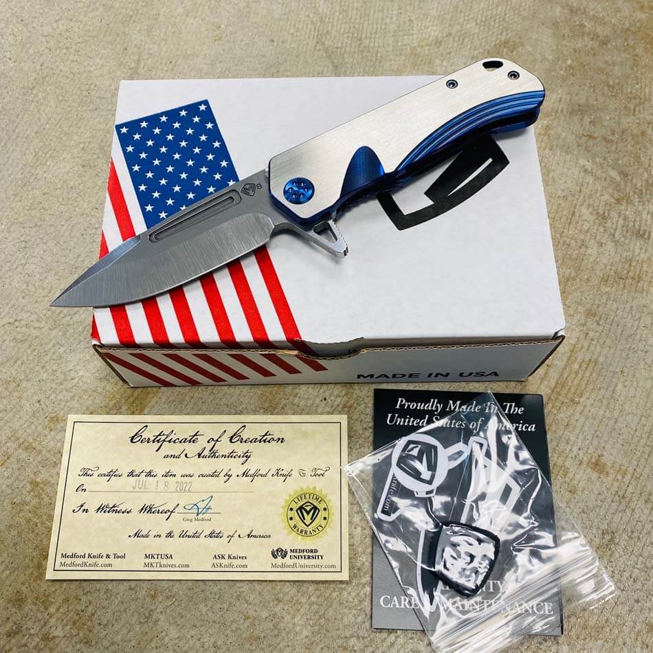 Medford Proxima S35VN 3.9" Tumbled Blade Dark Blue with Faced Silver Flats Handles Knife serial 108-003 Medford Proxima S35VN 3.9" Tumbled Blade Dark Blue with Faced Silver Flats Handles Knife serial 108-003