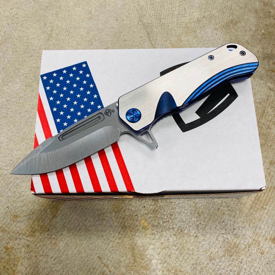 Medford Proxima S35VN 3.9" Tumbled Blade Dark Blue with Faced Silver Flats Handles Knife serial 108-003 - MKT Proxima Dark Blue Faced
