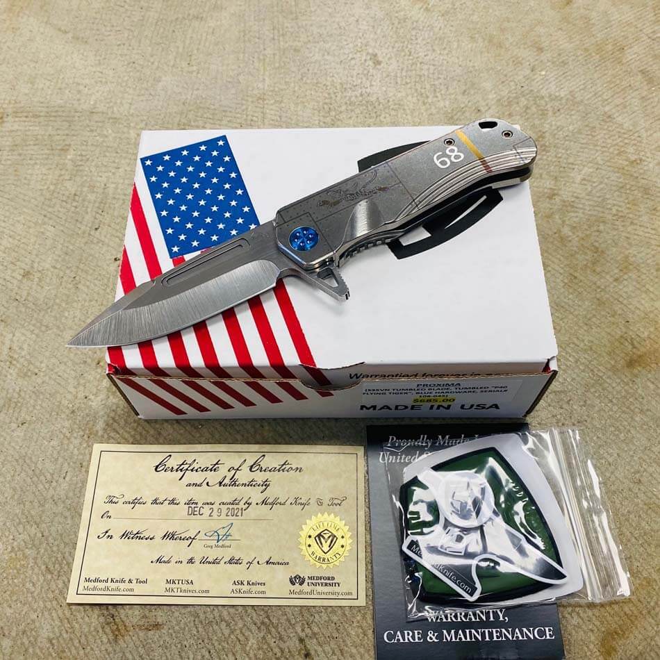 Medford Proxima S35VN 3.9" Tumbled P40 Flying Tiger Handles Blue Hardware Knife Serial 108-045