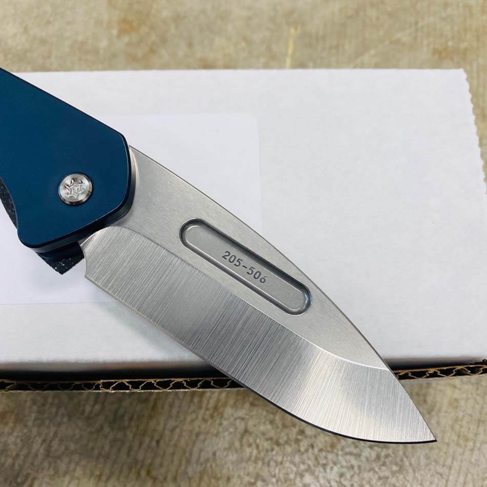 Medford Praetorian Swift Automatic 3.75" Drop Point Tumbled Blade Blue Handles Knife serial 205-506 - MKT Swift DP Blue Handles