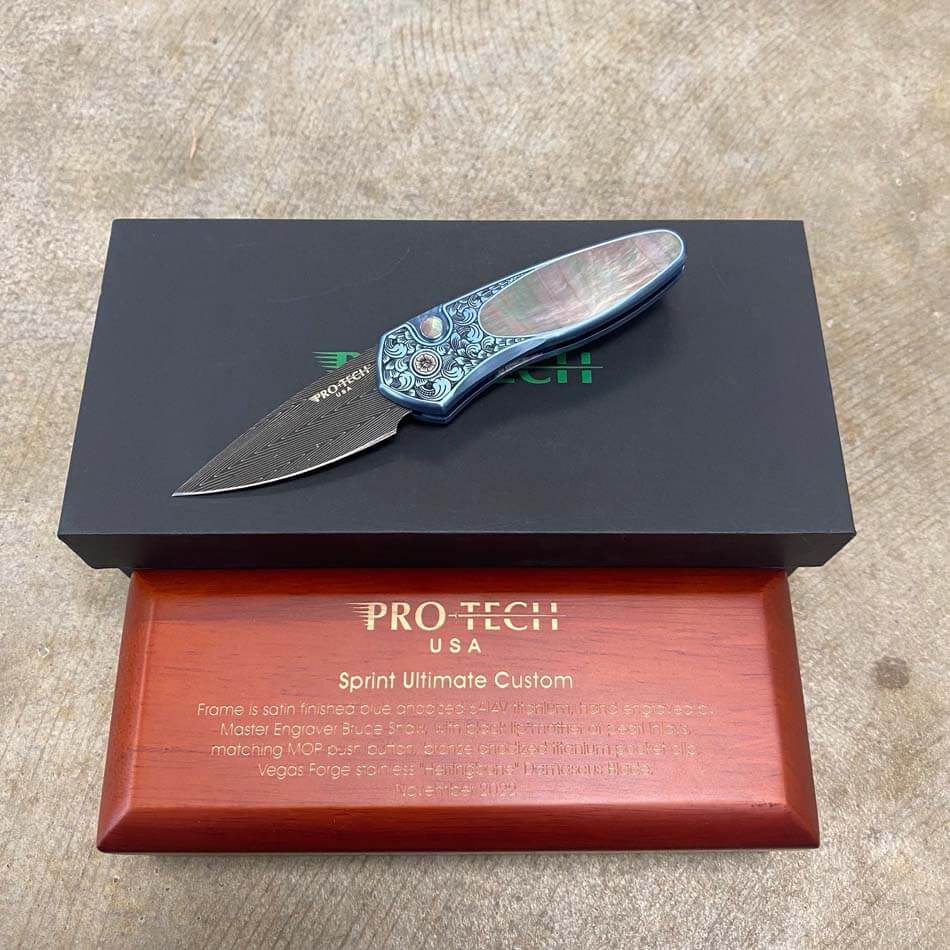 ProTech 2022 Sprint Custom 002 2" Blue Anodized Titanium Frame Engraved by Bruce Shaw, Vegas Forge Damascus Blade, Pearl Button, Pearl Inlay, Titanium Clip