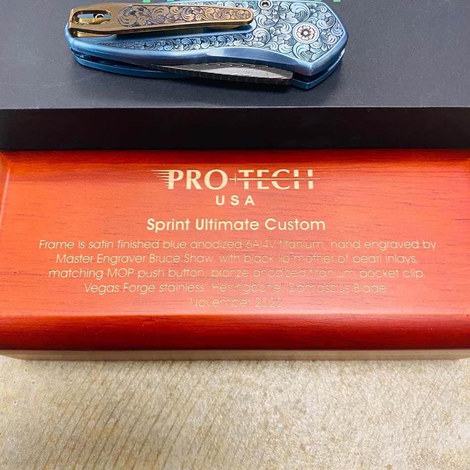 ProTech 2022 Sprint Custom 002 2" Blue Anodized Titanium Frame Engraved by Bruce Shaw, Vegas Forge Damascus Blade, Pearl Button, Pearl Inlay, Titanium Clip Automatic Knife - 2022 Sprint Custom 002