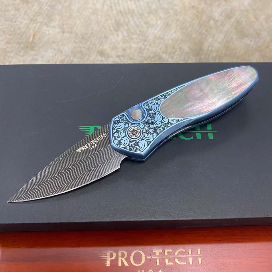 ProTech 2022 Sprint Custom 002 2" Blue Anodized Titanium Frame Engraved by Bruce Shaw, Vegas Forge Damascus Blade, Pearl Button, Pearl Inlay, Titanium Clip Automatic Knife - 2022 Sprint Custom 002