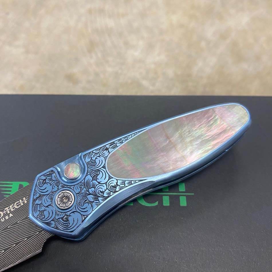 ProTech 2022 Sprint Custom 002 2" Blue Anodized Titanium Frame Engraved by Bruce Shaw, Vegas Forge Damascus Blade, Pearl Button, Pearl Inlay, Titanium Clip Automatic Knife - 2022 Sprint Custom 002