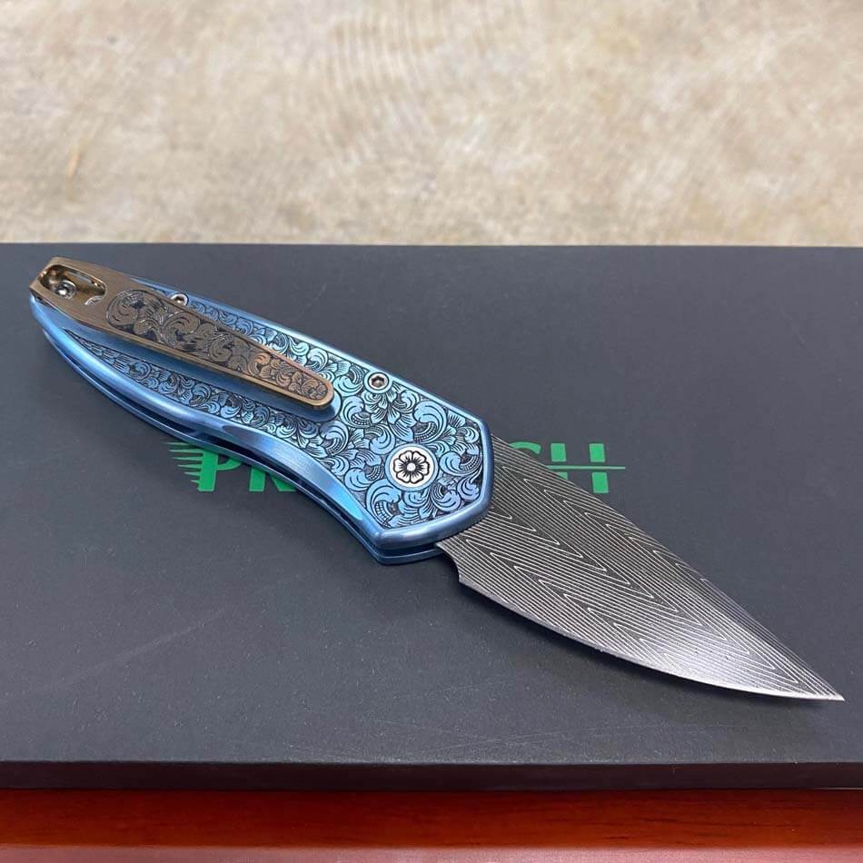 ProTech 2022 Sprint Custom 002 2" Blue Anodized Titanium Frame Engraved by Bruce Shaw, Vegas Forge Damascus Blade, Pearl Button, Pearl Inlay, Titanium Clip Automatic Knife - 2022 Sprint Custom 002