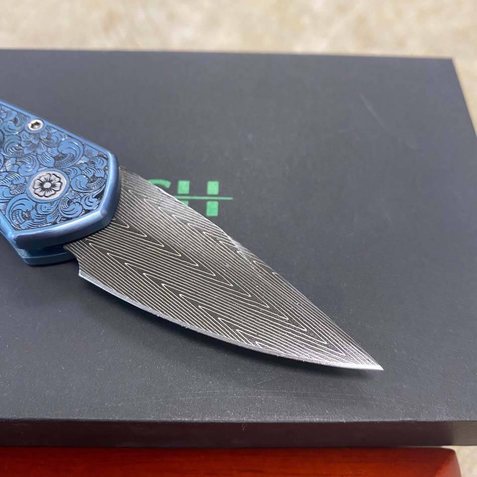 ProTech 2022 Sprint Custom 002 2" Blue Anodized Titanium Frame Engraved by Bruce Shaw, Vegas Forge Damascus Blade, Pearl Button, Pearl Inlay, Titanium Clip Automatic Knife - 2022 Sprint Custom 002