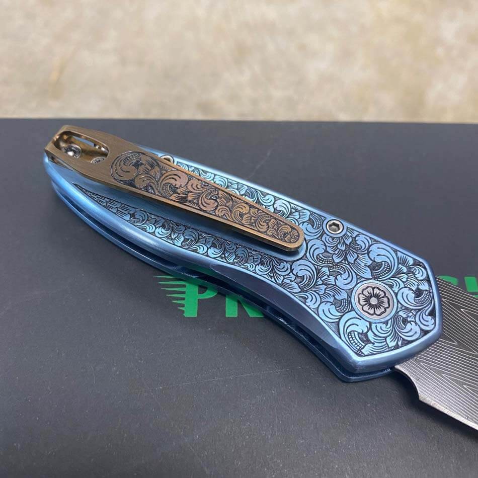 ProTech 2022 Sprint Custom 002 2" Blue Anodized Titanium Frame Engraved by Bruce Shaw, Vegas Forge Damascus Blade, Pearl Button, Pearl Inlay, Titanium Clip Automatic Knife - 2022 Sprint Custom 002