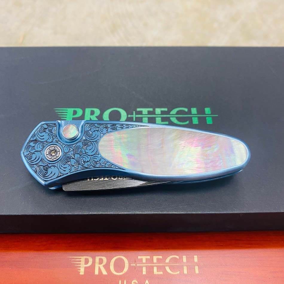 ProTech 2022 Sprint Custom 002 2" Blue Anodized Titanium Frame Engraved by Bruce Shaw, Vegas Forge Damascus Blade, Pearl Button, Pearl Inlay, Titanium Clip Automatic Knife - 2022 Sprint Custom 002