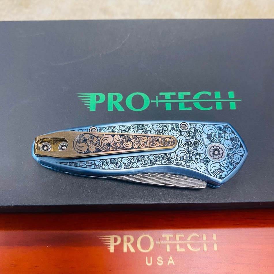 ProTech 2022 Sprint Custom 002 2" Blue Anodized Titanium Frame Engraved by Bruce Shaw, Vegas Forge Damascus Blade, Pearl Button, Pearl Inlay, Titanium Clip Automatic Knife - 2022 Sprint Custom 002