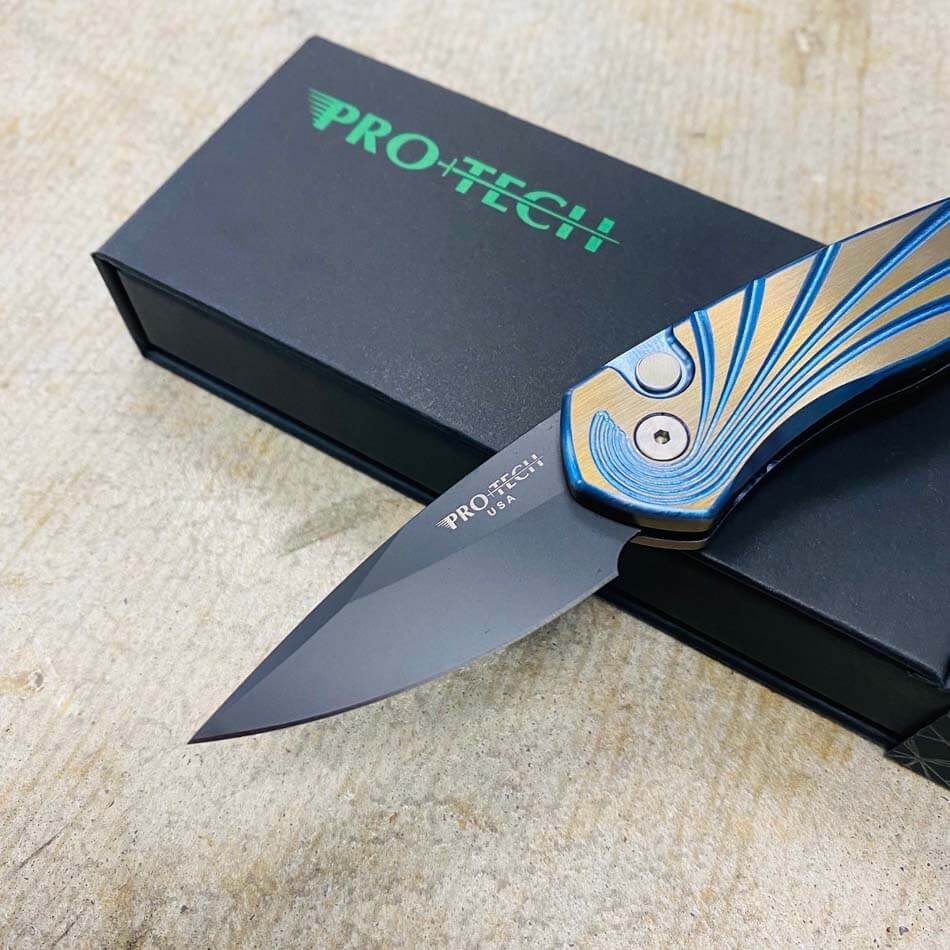 ProTech 2952 Sprint 2" Titanium with 3D CNC Engraved Pattern Pearl Inlay Push Button Auto Knife - 2952