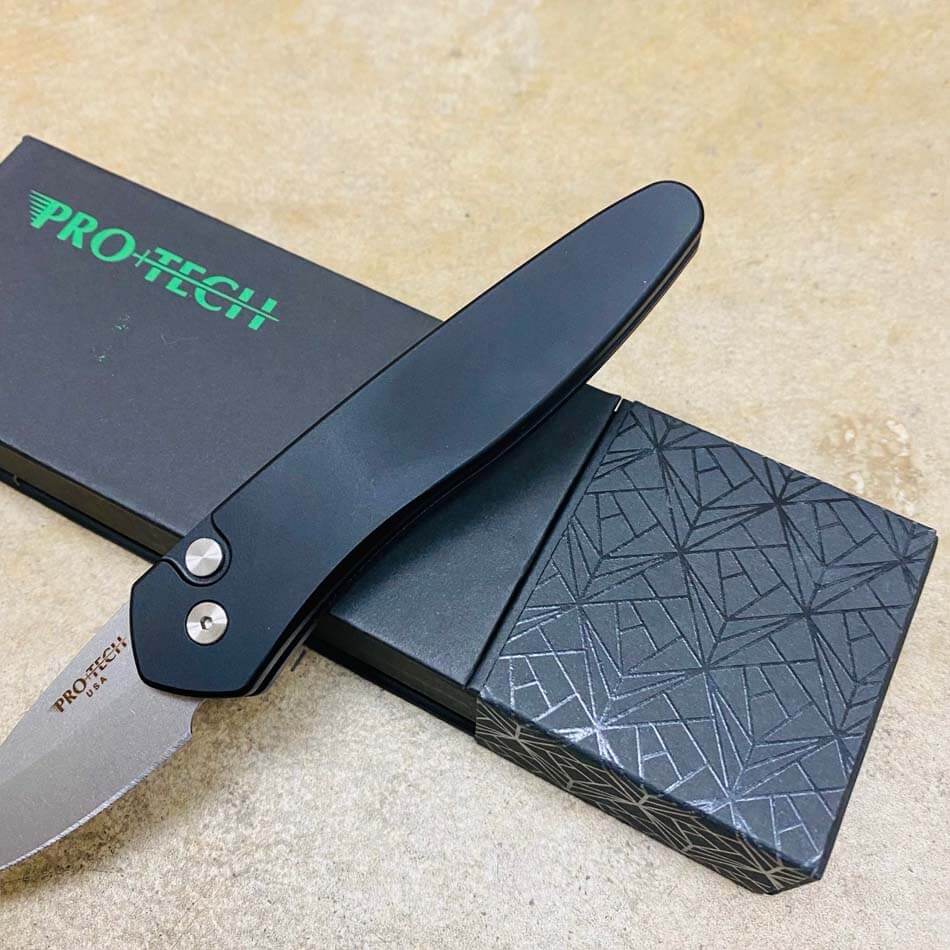 Protech 3605 Half-Breed 2" Auto Black Handle Stonewash Blade Plain Edge Auto Knife - 3605