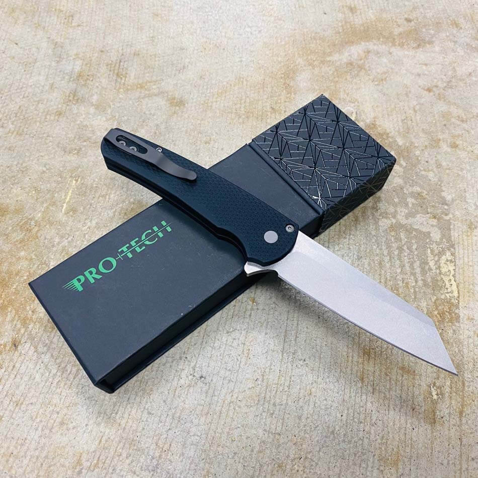 Protech 5205 Malibu Textured Black Handle, Blasted Hardware, Black Deep Carry Clip, Stonewash Finished Reverse Tanto 20CV Blade, 3.25" Plain Edge Knife - 5205