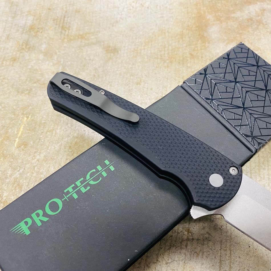 Protech 5205 Malibu Textured Black Handle, Blasted Hardware, Black Deep Carry Clip, Stonewash Finished Reverse Tanto 20CV Blade, 3.25" Plain Edge Knife - 5205