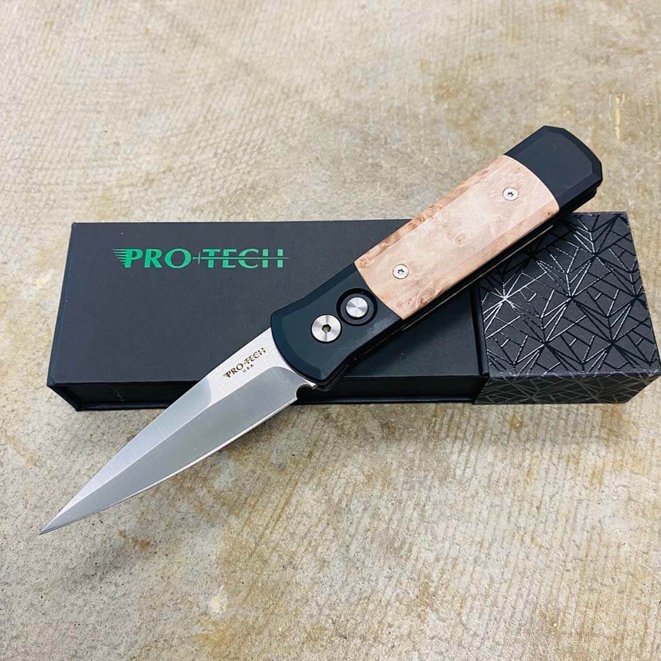 PROTECH 706 Godson 3.15" Blade Black Handle Maple Burl Wood Inlays Satin Blade Plain Edge Automatic Knife