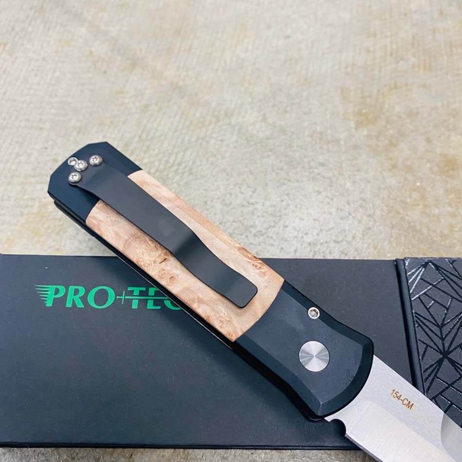 PROTECH 706 Godson 3.15" Blade Black Handle Maple Burl Wood Inlays Satin Blade Plain Edge Automatic Knife - 706