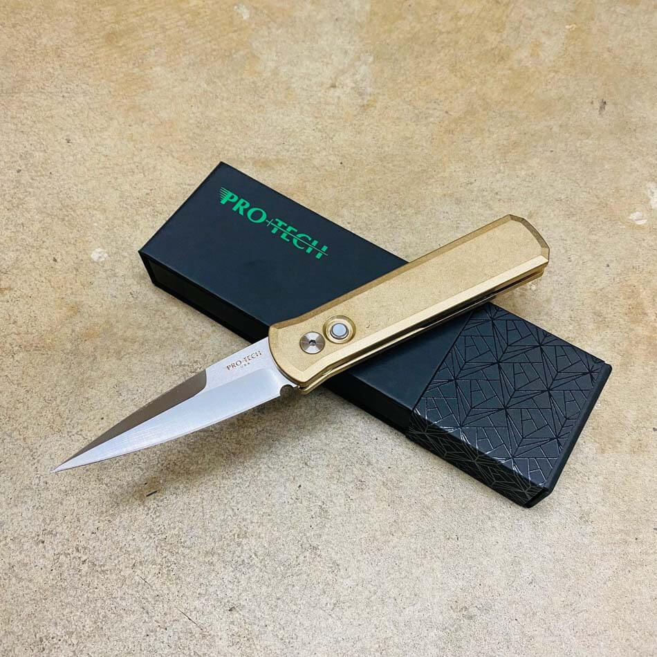PROTECH 7110 Godson 3.15" LIMITED Stonewash Solid Bronze AL Handle Satin Blade Mother of Pearl Button Auto Knife