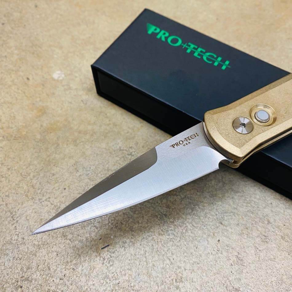 PROTECH 7110 Godson 3.15" LIMITED Stonewash Solid Bronze AL Handle Satin Blade Mother of Pearl Button Auto Knife - 7110