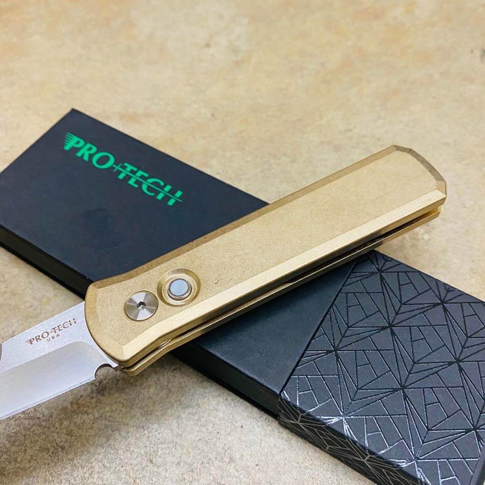 PROTECH 7110 Godson 3.15" LIMITED Stonewash Solid Bronze AL Handle Satin Blade Mother of Pearl Button Auto Knife - 7110