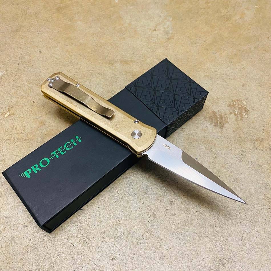 PROTECH 7110 Godson 3.15" LIMITED Stonewash Solid Bronze AL Handle Satin Blade Mother of Pearl Button Auto Knife - 7110
