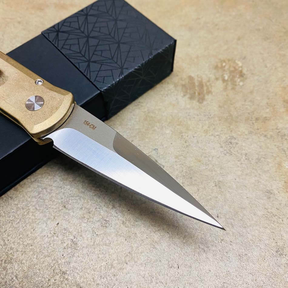 PROTECH 7110 Godson 3.15" LIMITED Stonewash Solid Bronze AL Handle Satin Blade Mother of Pearl Button Auto Knife - 7110