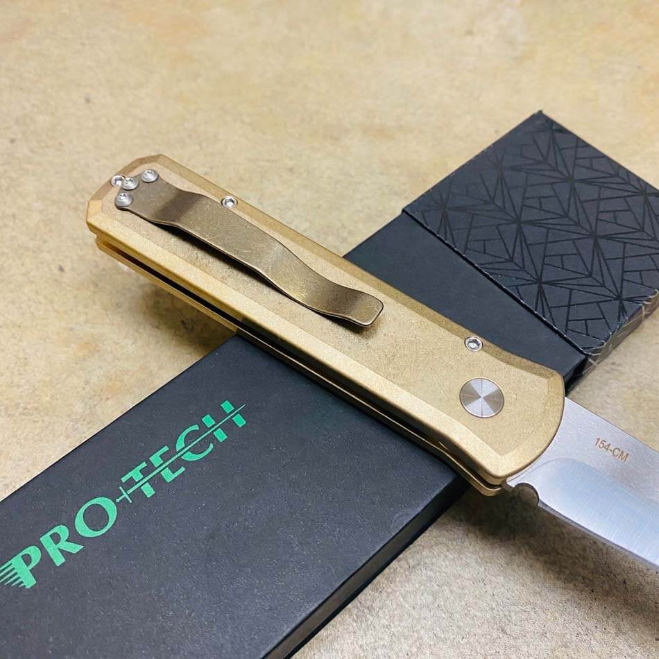 PROTECH 7110 Godson 3.15" LIMITED Stonewash Solid Bronze AL Handle Satin Blade Mother of Pearl Button Auto Knife - 7110
