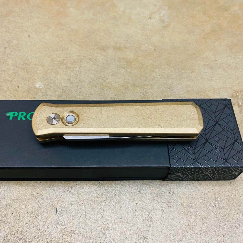PROTECH 7110 Godson 3.15" LIMITED Stonewash Solid Bronze AL Handle Satin Blade Mother of Pearl Button Auto Knife - 7110