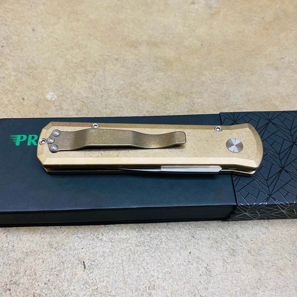 PROTECH 7110 Godson 3.15" LIMITED Stonewash Solid Bronze AL Handle Satin Blade Mother of Pearl Button Auto Knife - 7110