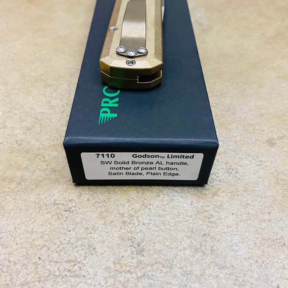 PROTECH 7110 Godson 3.15" LIMITED Stonewash Solid Bronze AL Handle Satin Blade Mother of Pearl Button Auto Knife - 7110