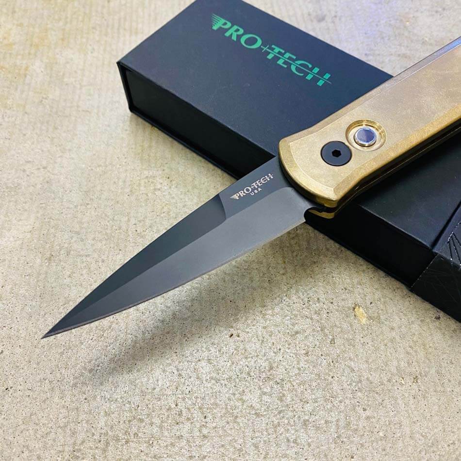 PROTECH 7112 Godson 3.15" LIMITED Stonewash Solid Bronze AL Handle DLC Black Blade Mother of Pearl Button Auto Knife  - 7112