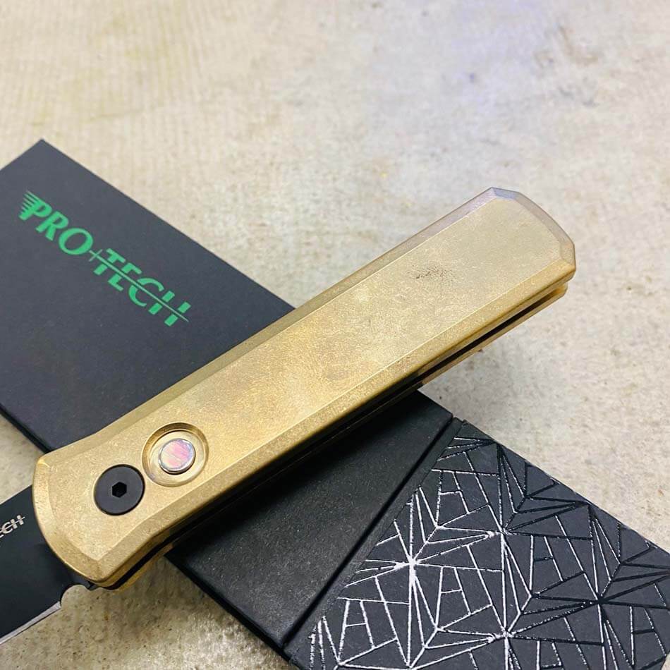PROTECH 7112 Godson 3.15" LIMITED Stonewash Solid Bronze AL Handle DLC Black Blade Mother of Pearl Button Auto Knife  - 7112