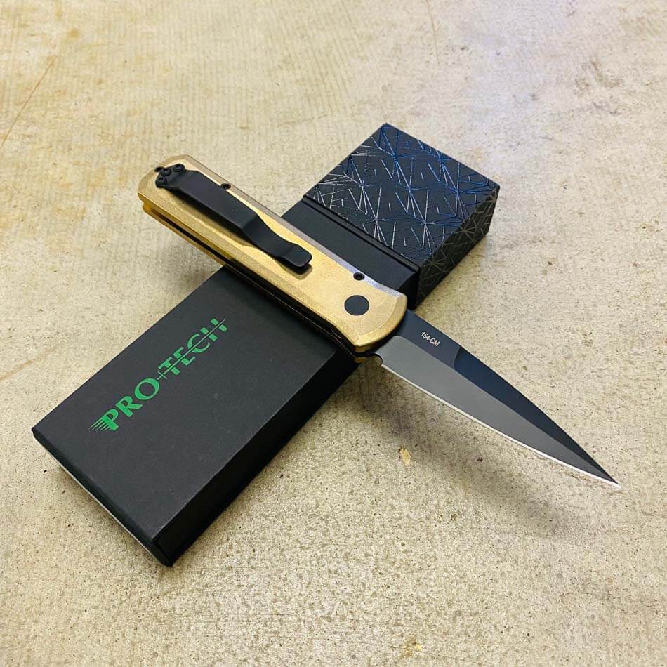 PROTECH 7112 Godson 3.15" LIMITED Stonewash Solid Bronze AL Handle DLC Black Blade Mother of Pearl Button Auto Knife  - 7112