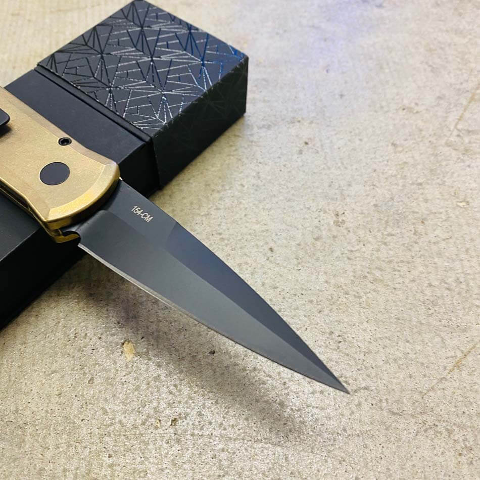 PROTECH 7112 Godson 3.15" LIMITED Stonewash Solid Bronze AL Handle DLC Black Blade Mother of Pearl Button Auto Knife  - 7112