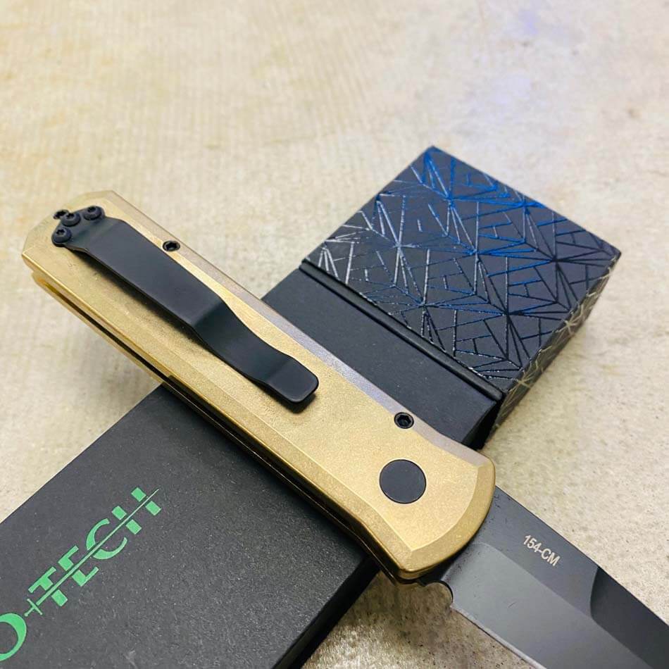 PROTECH 7112 Godson 3.15" LIMITED Stonewash Solid Bronze AL Handle DLC Black Blade Mother of Pearl Button Auto Knife  - 7112